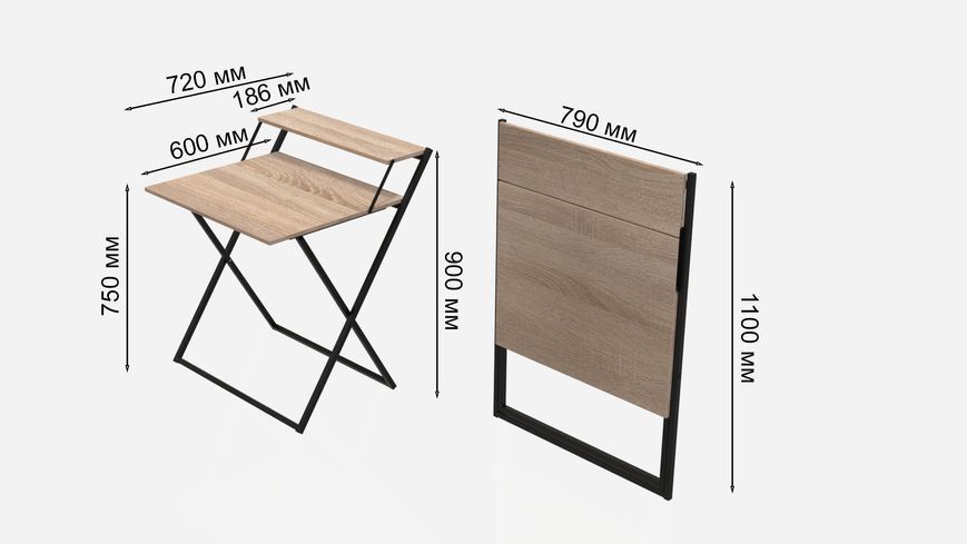 Стіл трансформер Компакт 2 Ferrum-decor 750x790x720 Чорний метал ДСП Дуб Сонома 16 мм (KOM204)