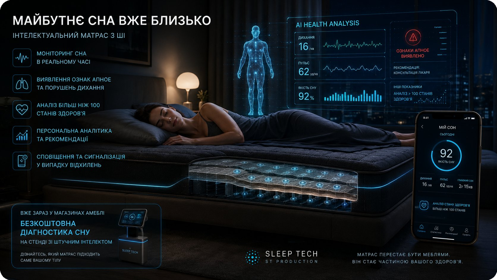 Интеллектуальный матрас с ИИ Sleep Tech — мониторинг сна в реальном времени, выявление апноэ и анализ более 100 состояний здоровья
