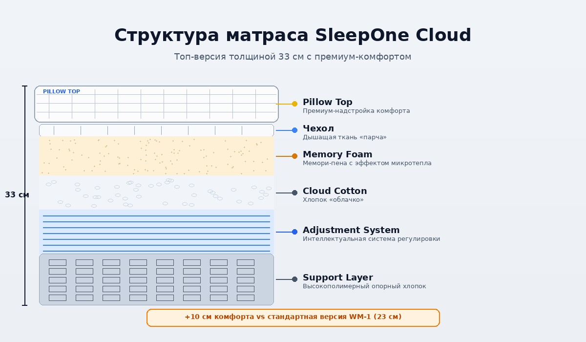 Структура матраса SleepOne Cloud — Pillow Top, чехол, мемори-пена, хлопок, регулировка, опора
