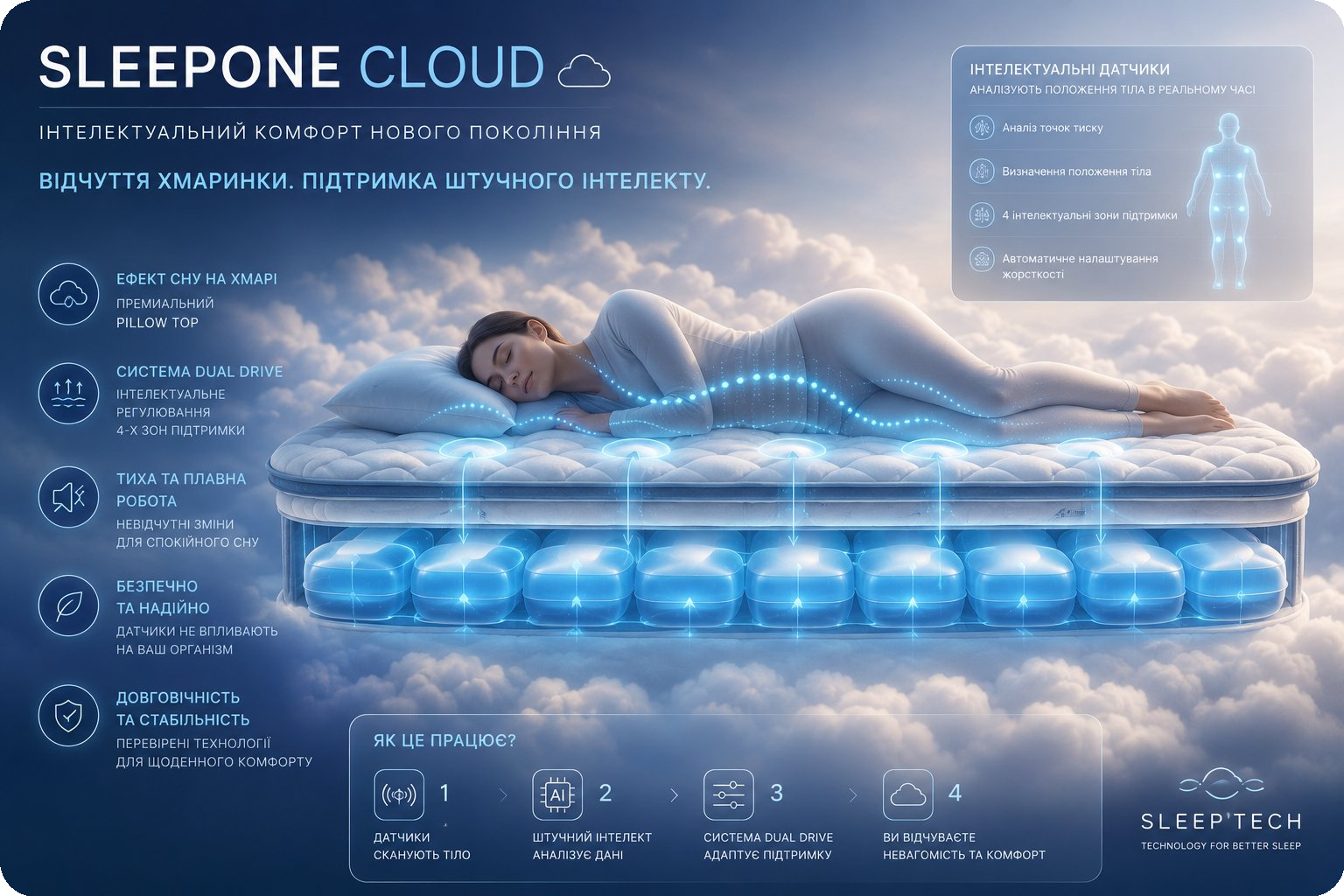 Матрац SleepOne Cloud зі штучним інтелектом — інтелектуальні датчики аналізують положення тіла та надбудова Pillow Top