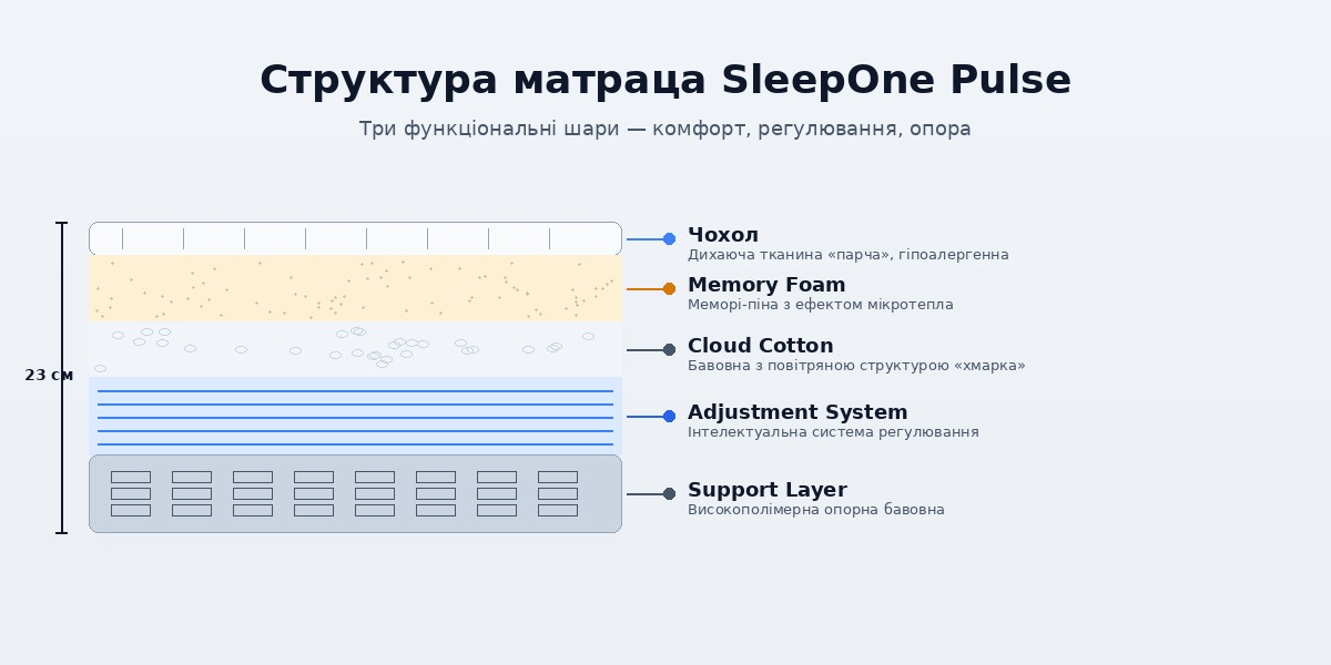 Структура матраца SleepOne Pulse — комфортний шар, шар регулювання, опорний шар