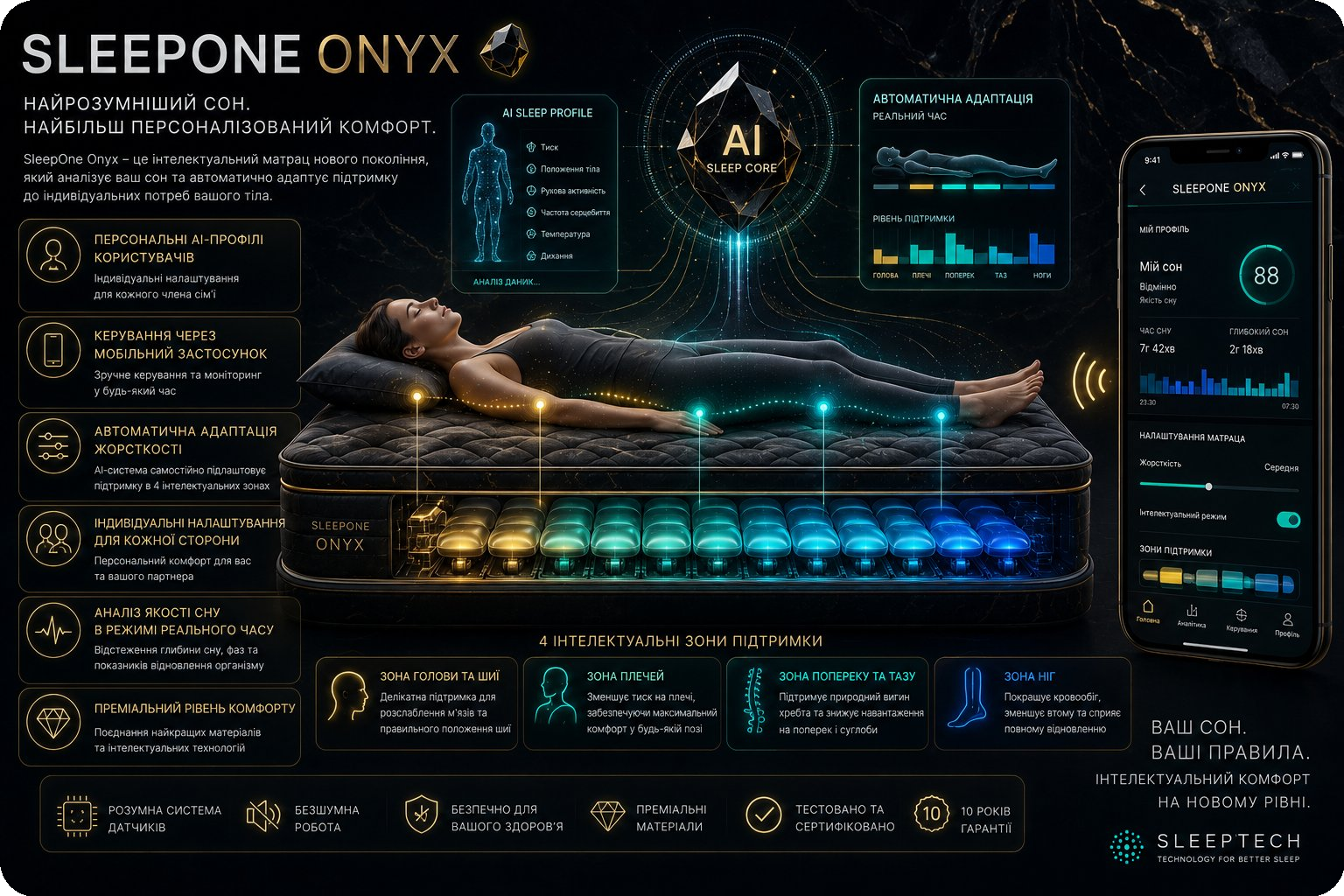 Матрац SleepOne Onyx зі штучним інтелектом — персональні AI-профілі, автоматична адаптація та керування через застосунок