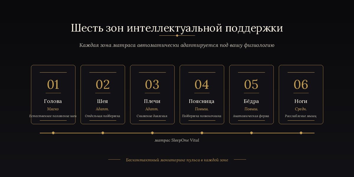 6-зонная система поддержки тела в матрасе SleepOne Vital — голова, шея, плечи, поясница, бёдра, ноги